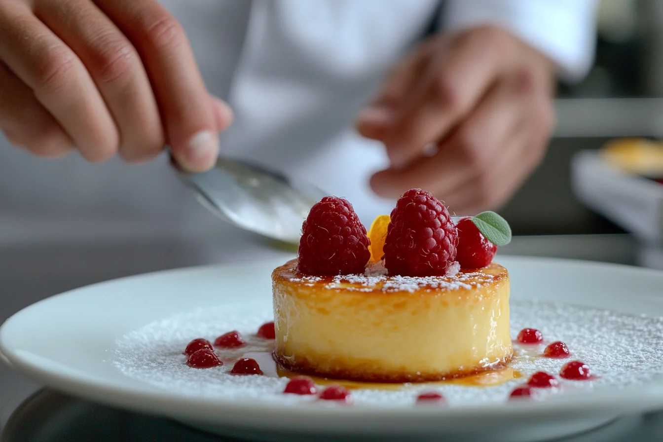 Chef adding finishing touches to a crème brûlée dessert topped with raspberries and garnished with powdered sugar and sauc