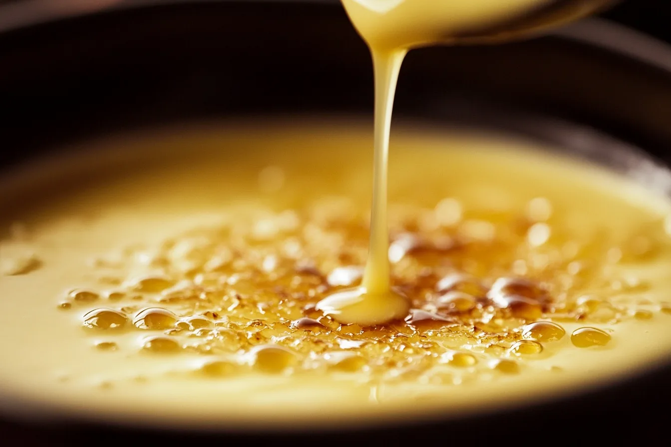 Heavy cream, egg yolks, sugar, and vanilla beans displayed on a marble countertop.