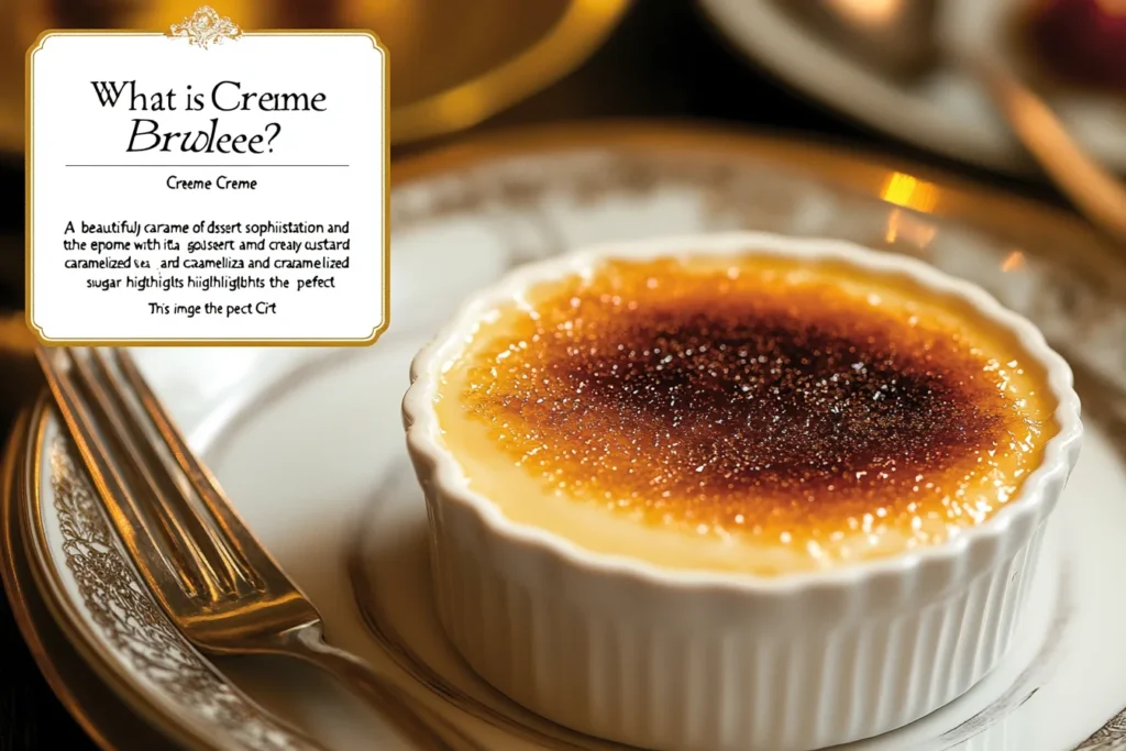 A beautifully caramelized Crème Brûlée with a golden crust and creamy custard.
