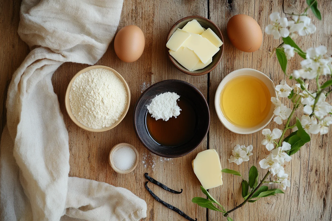 Ingredients for Crumbl cookies, including butter, sugar, eggs, flour, and vanilla extract, neatly displayed on a rustic wooden countertop.