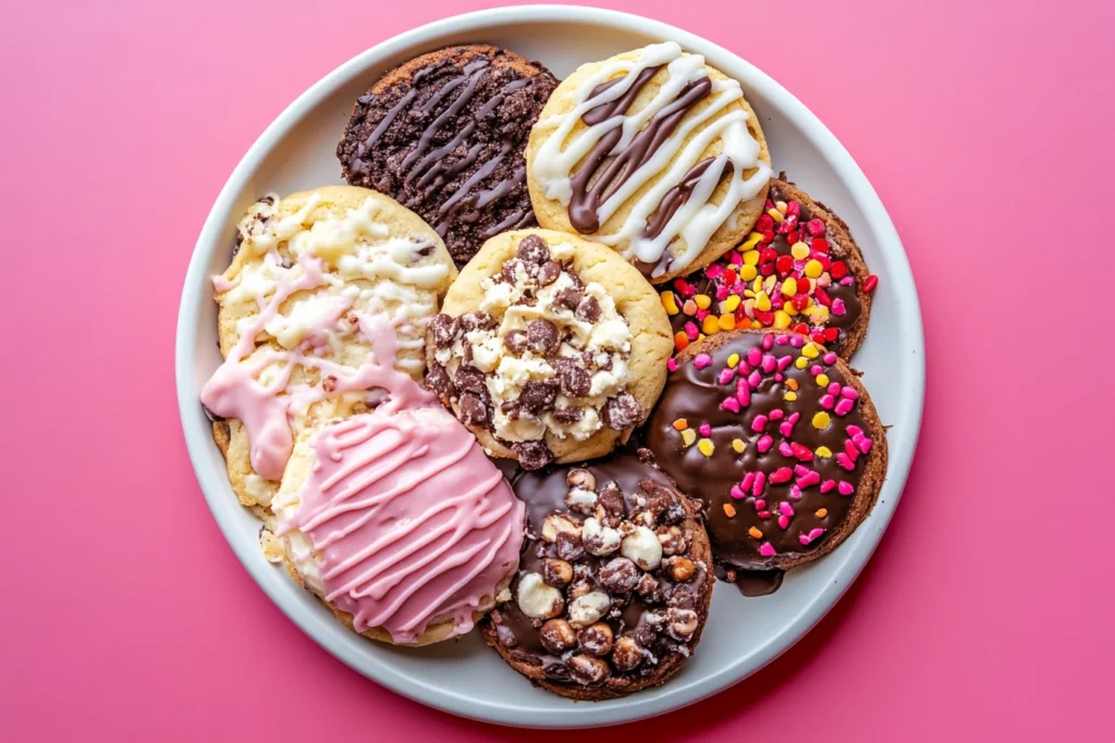 A plate featuring Crumbl cookie mash-ups like Oreo and peanut butter combinations.