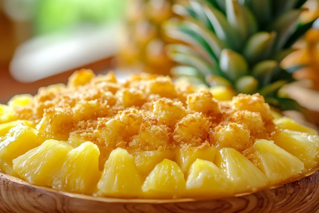 Freshly baked Pioneer Woman pineapple casserole with a golden topping.