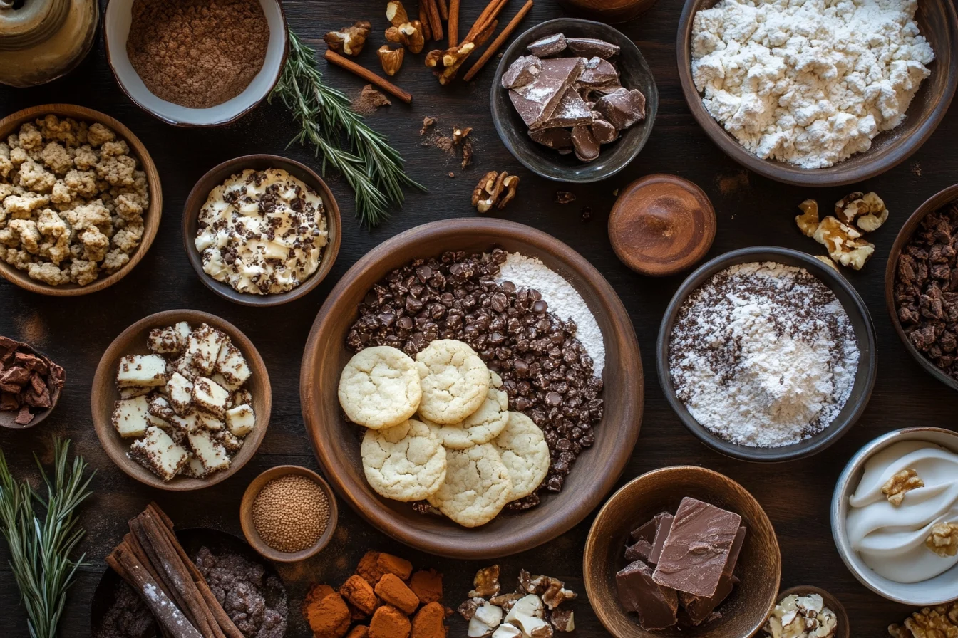 Butter, sugar, flour, eggs, and chocolate chips on a kitchen counter.