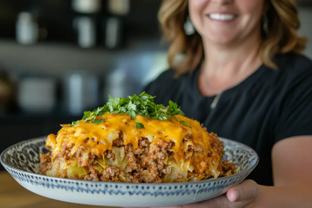 A low-carb cabbage casserole topped with cheese in a baking dish.