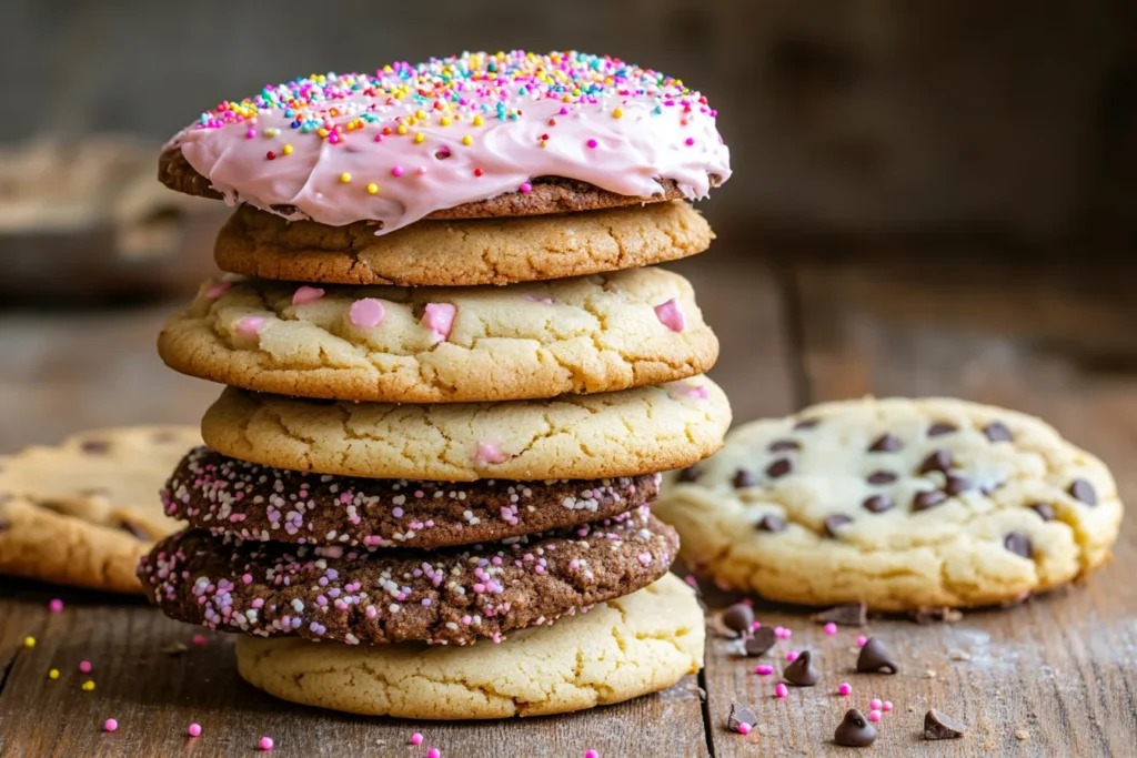 A stack of cookies made from a Crumbl cookie recipe, topped with frosting and sprinkles