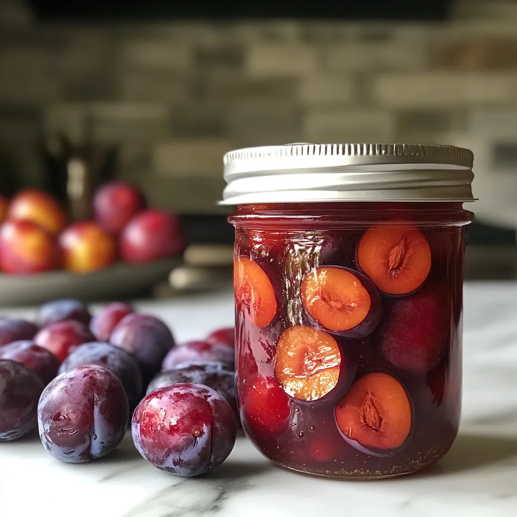 A basket filled with vibrant, ripe plums on a wooden table.