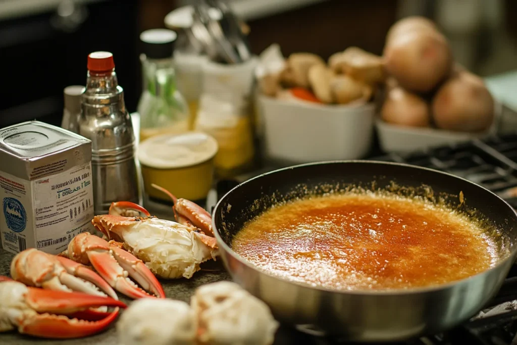 Ingredients for Weeks Crab Brulee laid out on a countertop, including cream, eggs, and Parmesan cheese.