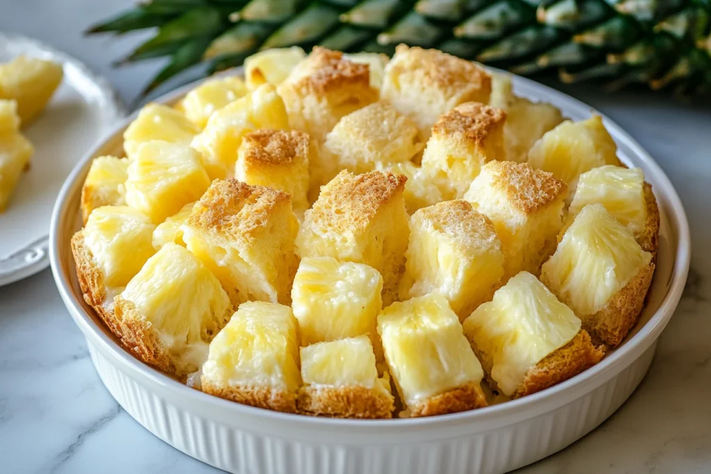 A golden-baked pineapple casserole with bread, cheese, and a crispy topping, served in a decorative baking dish.