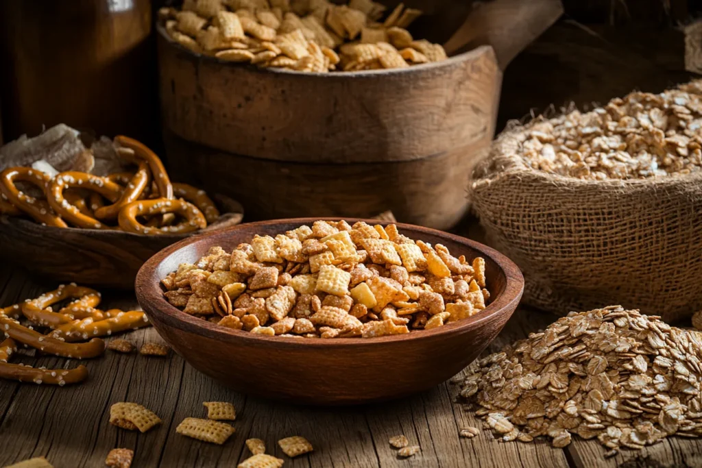 A flat-lay view of Chex Mix ingredients, including cereals, pretzels, nuts, and seasoning mix on a wooden surface.