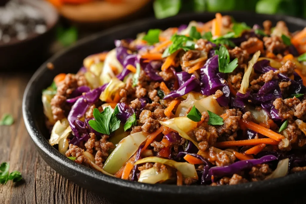 A skillet filled with cabbage and ground beef stir-fry garnished with sesame seeds.