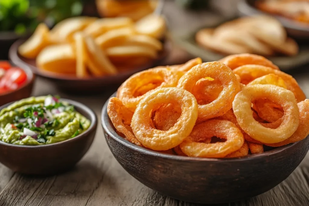 A bowl of golden, crispy bagel chips surrounded by creamy dips and fresh herbs on a rustic wooden table