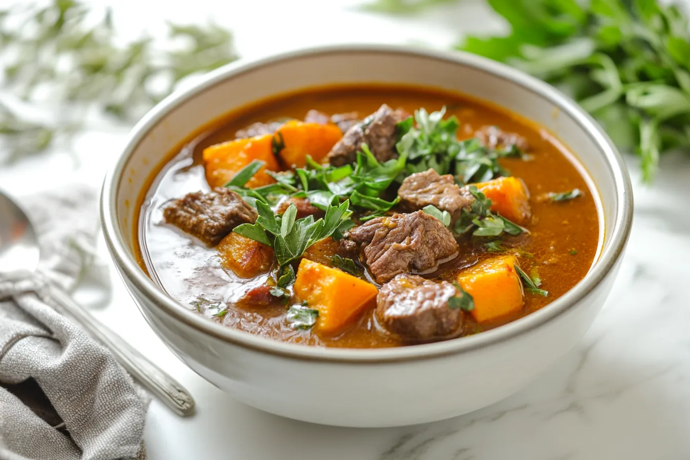 A paleo-friendly venison chili served in a bowl with sweet potatoes and herbs.