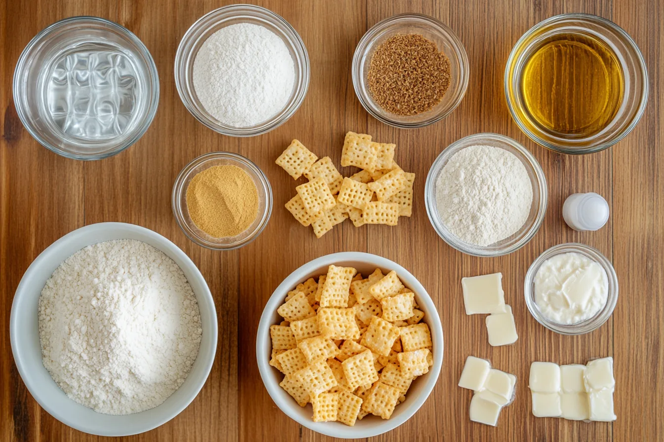 Ingredients for homemade Chex cereal, including flour, butter, and spices, on a wooden table.