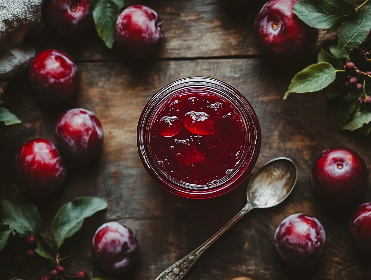 A jar of deep red homemade plum jelly with a spoonful of glossy jelly, surrounded by fresh plums and Sure-Jell pectin on a rustic kitchen table.