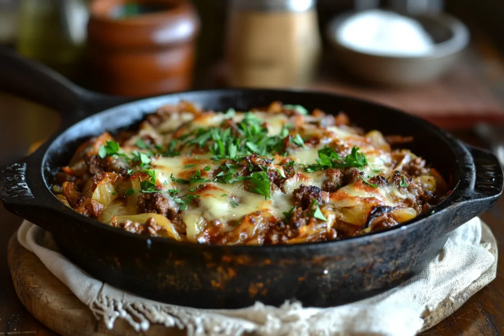 A skillet filled with Southern fried cabbage and ground beef, garnished with parsley.