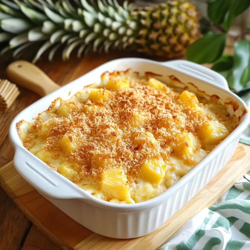 A delicious freshly baked pineapple casserole served in a white baking dish.