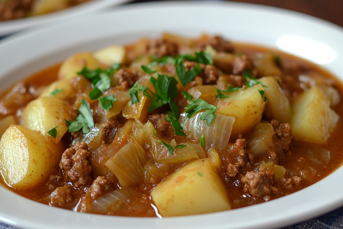 A bowl of cabbage, potato, and ground beef stew with herbs and broth.