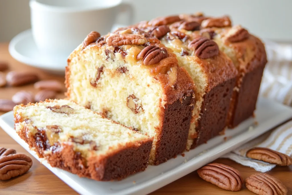 A piece of butter pecan pound cake served with a scoop of vanilla ice cream.