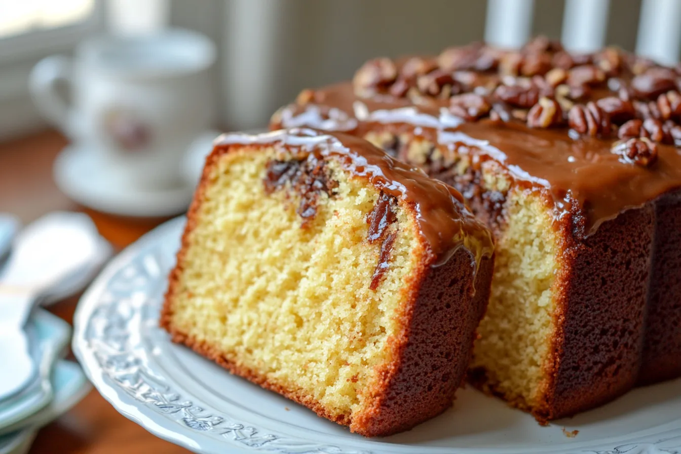 A freshly baked butter pecan pound cake with a caramel glaze drizzled on top, showcasing the nuts and golden color.