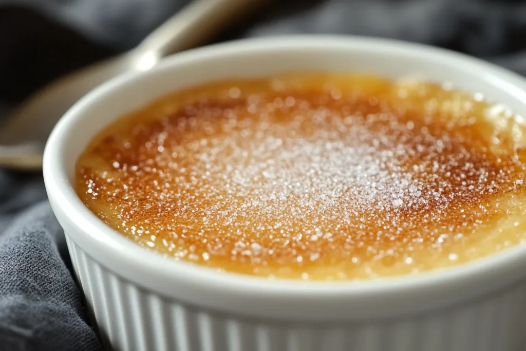 Crème brûlée in a white ramekin with a golden caramelized sugar crust.