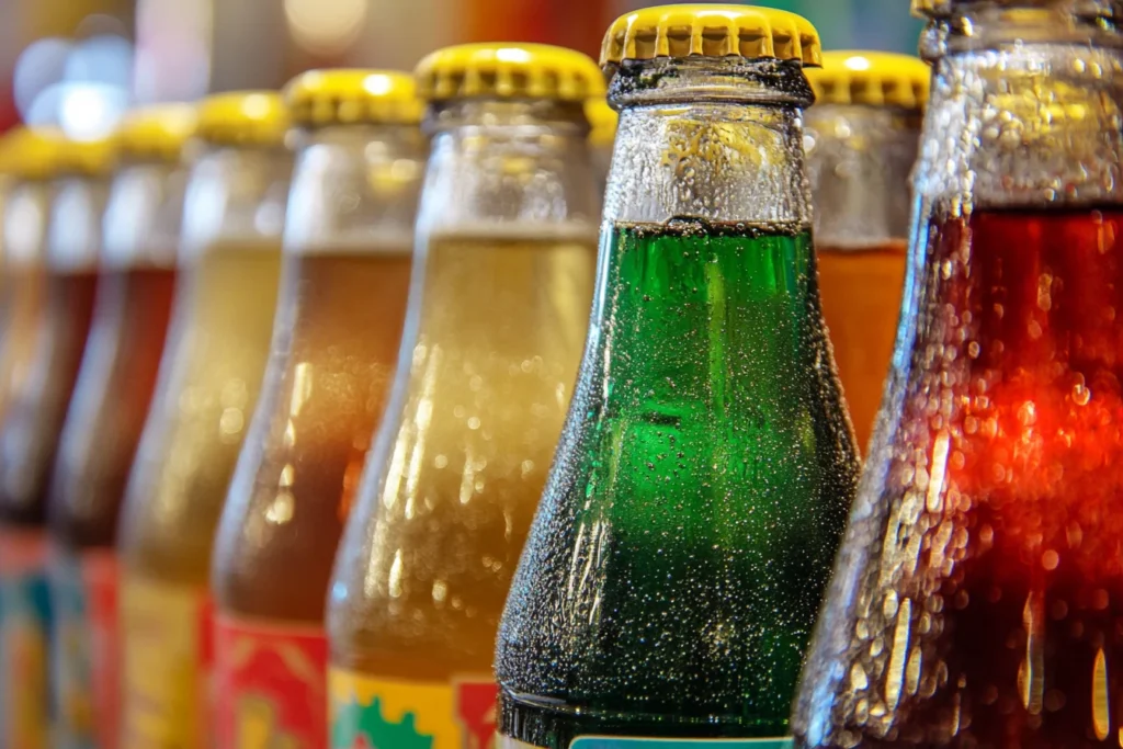 Close-up of glass Mexican soda bottles with bright labels, emphasizing their use of real cane sugar and natural flavors.