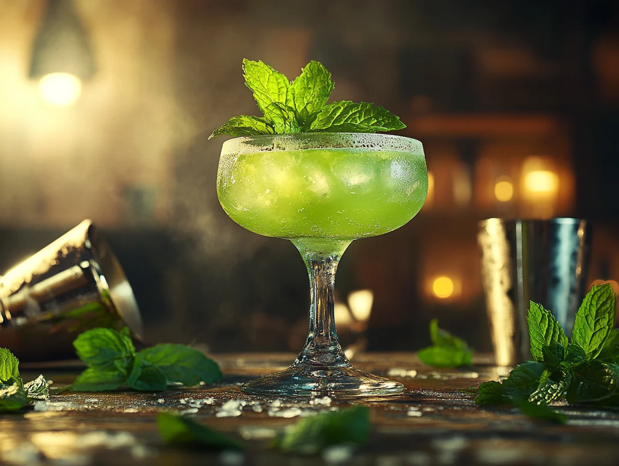 A glass of green crème de menthe on a rustic wooden bar with fresh mint leaves and a cocktail shaker.