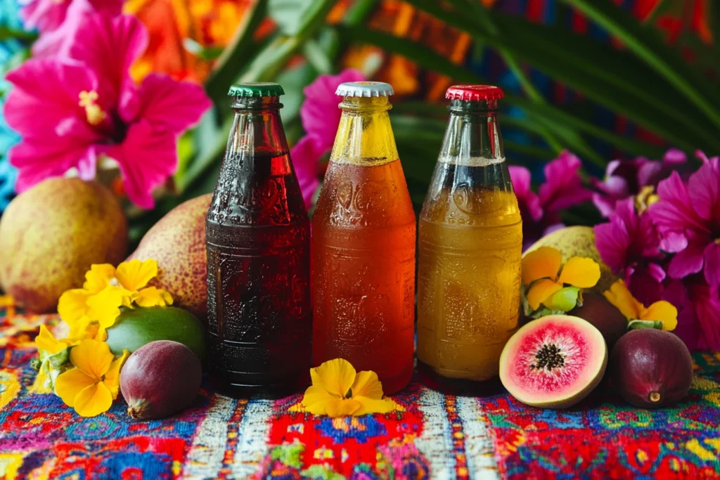 Mexican sodas in flavors like tamarind, guava, and hibiscus, with matching fresh fruits placed beside the bottles on a festive table.