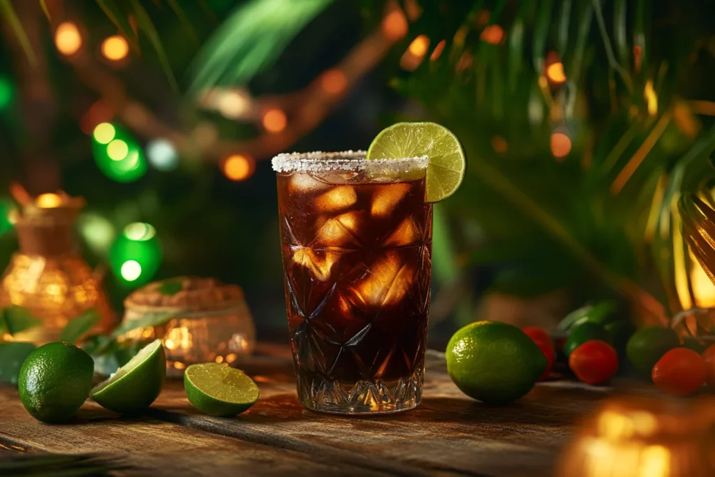 A Mexican soda cocktail made with tamarind soda, fresh lime, and a salted rim, served in a traditional glass with a festive Mexican backdrop.