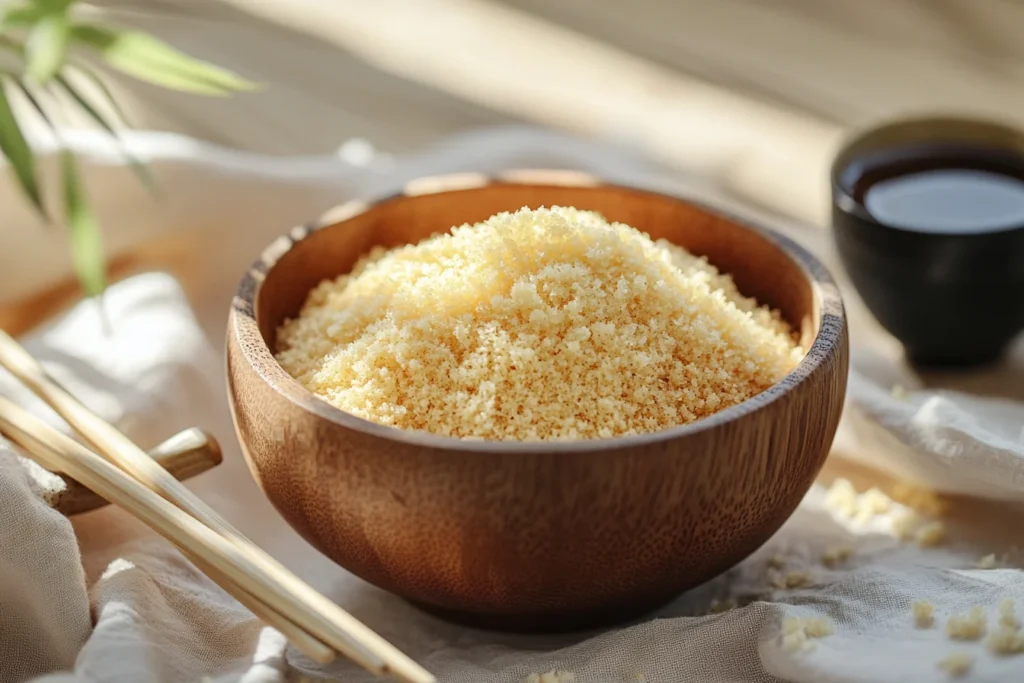 A wooden bowl filled with light, flaky panko bread crumbs, with chopsticks and a dipping sauce nearby