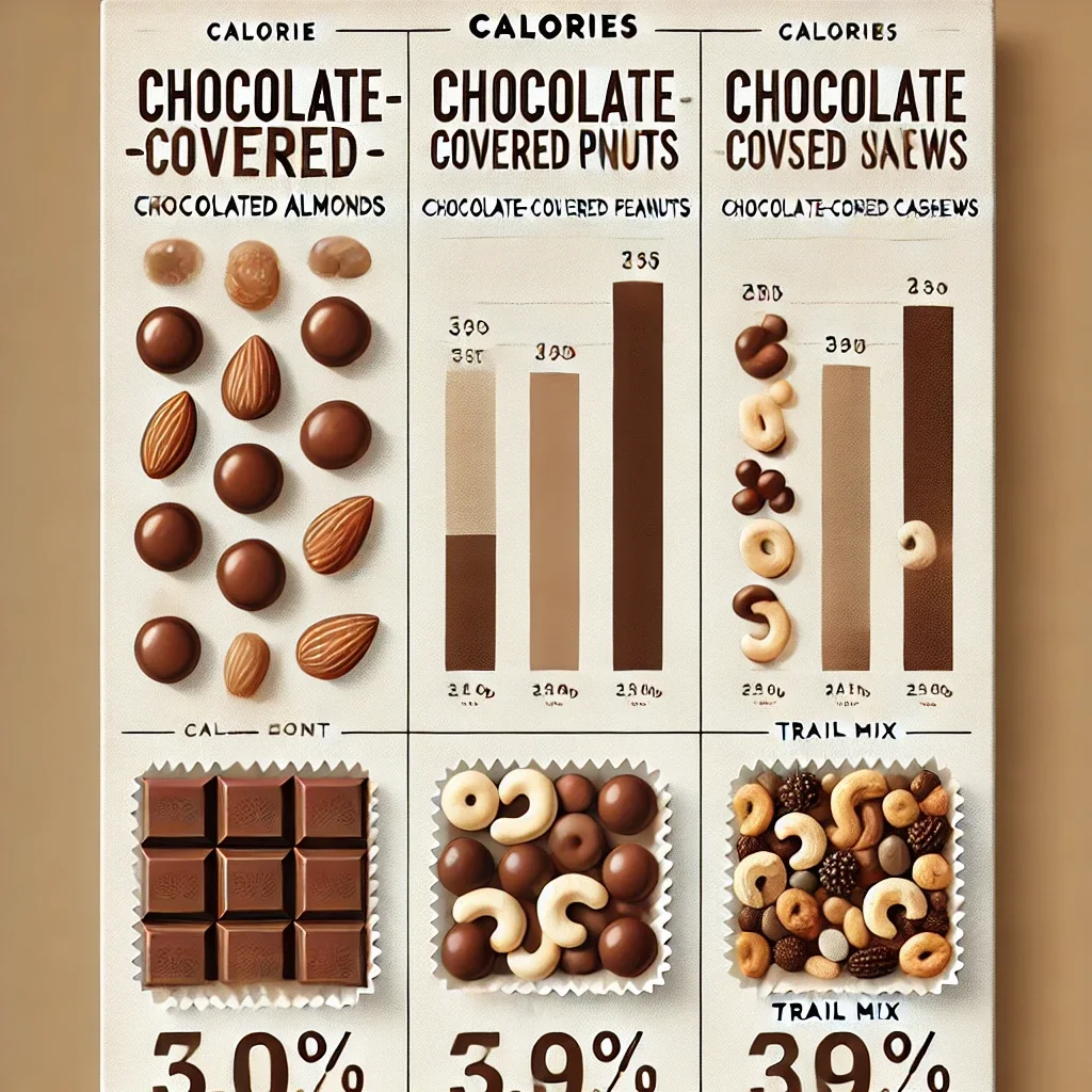 A comparison chart showing the calorie content of chocolate-covered almonds vs. other nut snacks