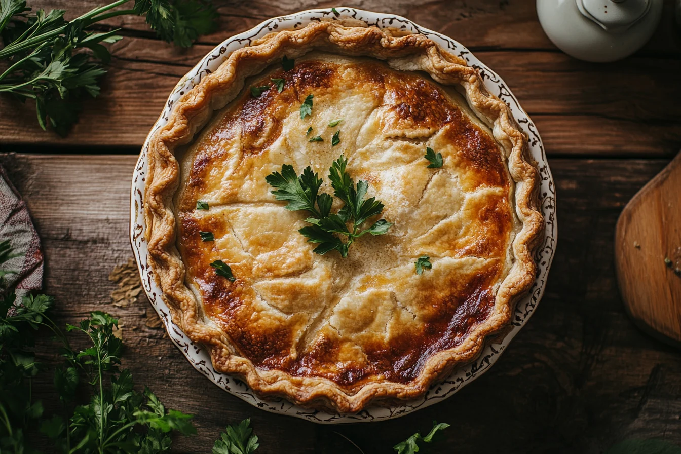 A beautifully baked Passover Potato Pie with a crispy golden top, served in a baking dish with fresh herbs for garnish.