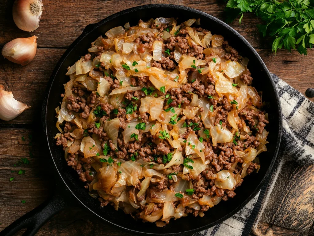 A hearty skillet of ground beef and cabbage, cooked with onions, garlic, and seasonings, served in a rustic cast-iron pan.