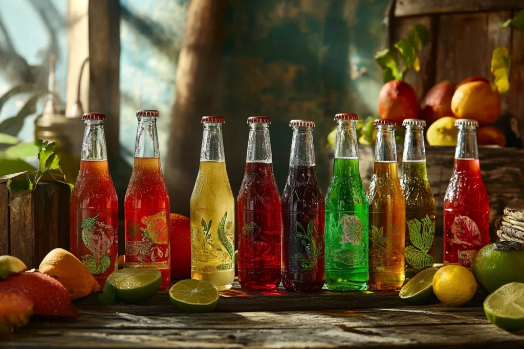 A colorful collection of Mexican soda bottles in various flavors like tamarind, guava, and hibiscus, arranged on a rustic wooden table.