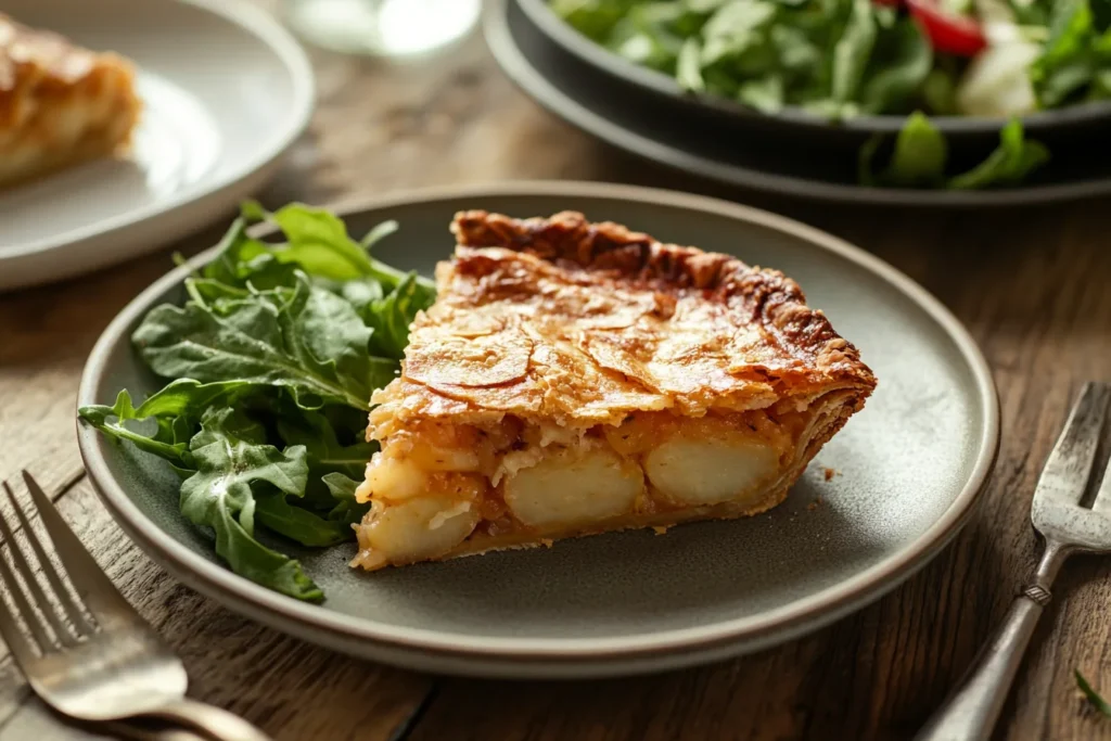 A golden-brown Passover Potato Pie fresh out of the oven, served in a baking dish with steam rising