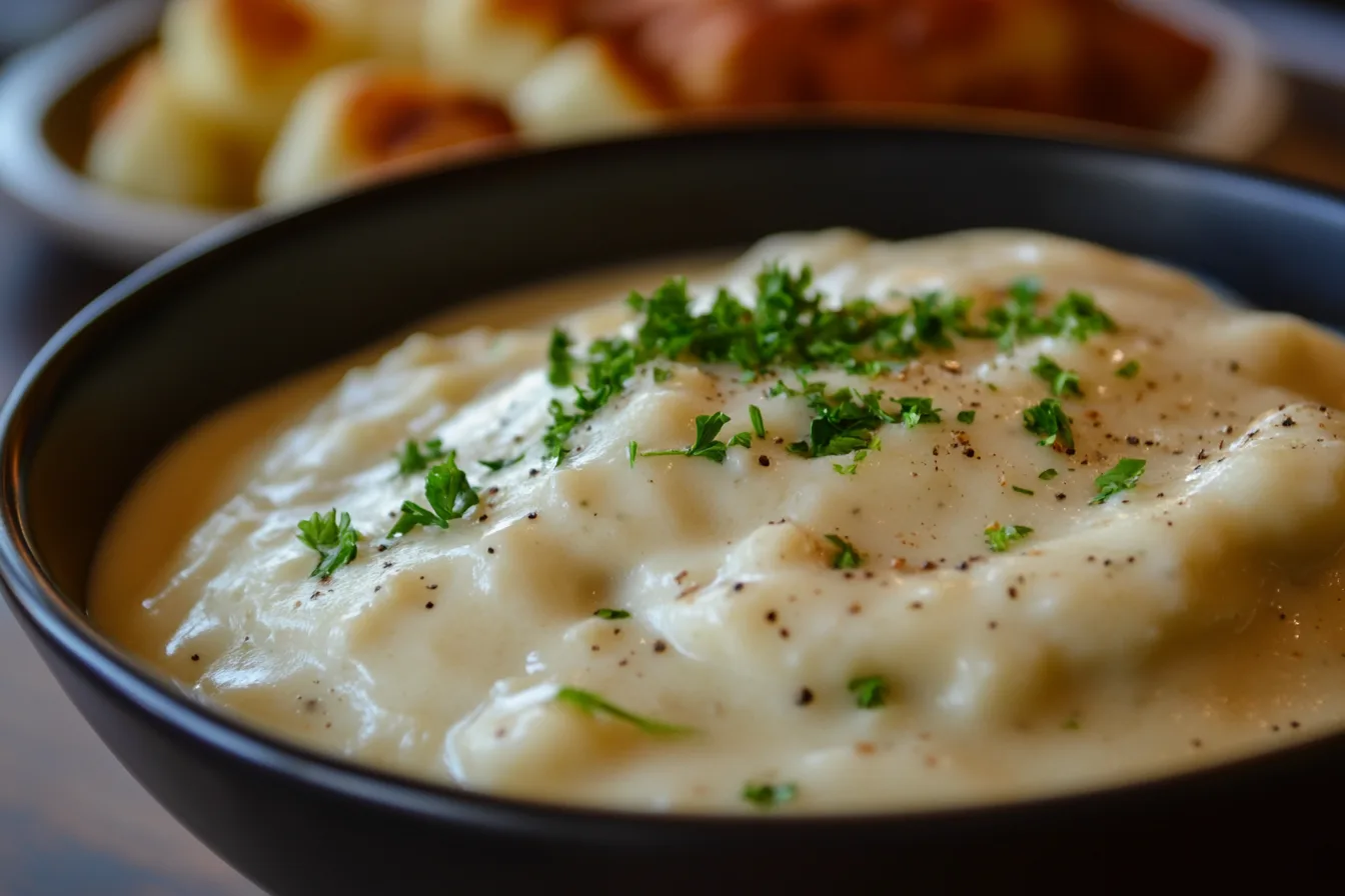 A bowl of white gravy with freshly baked biscuits.