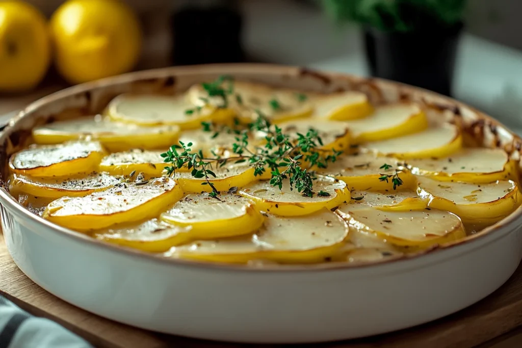 A baking dish with layered potato slices, seasoned with herbs and spices, ready to be baked for Passover Potato Pie.