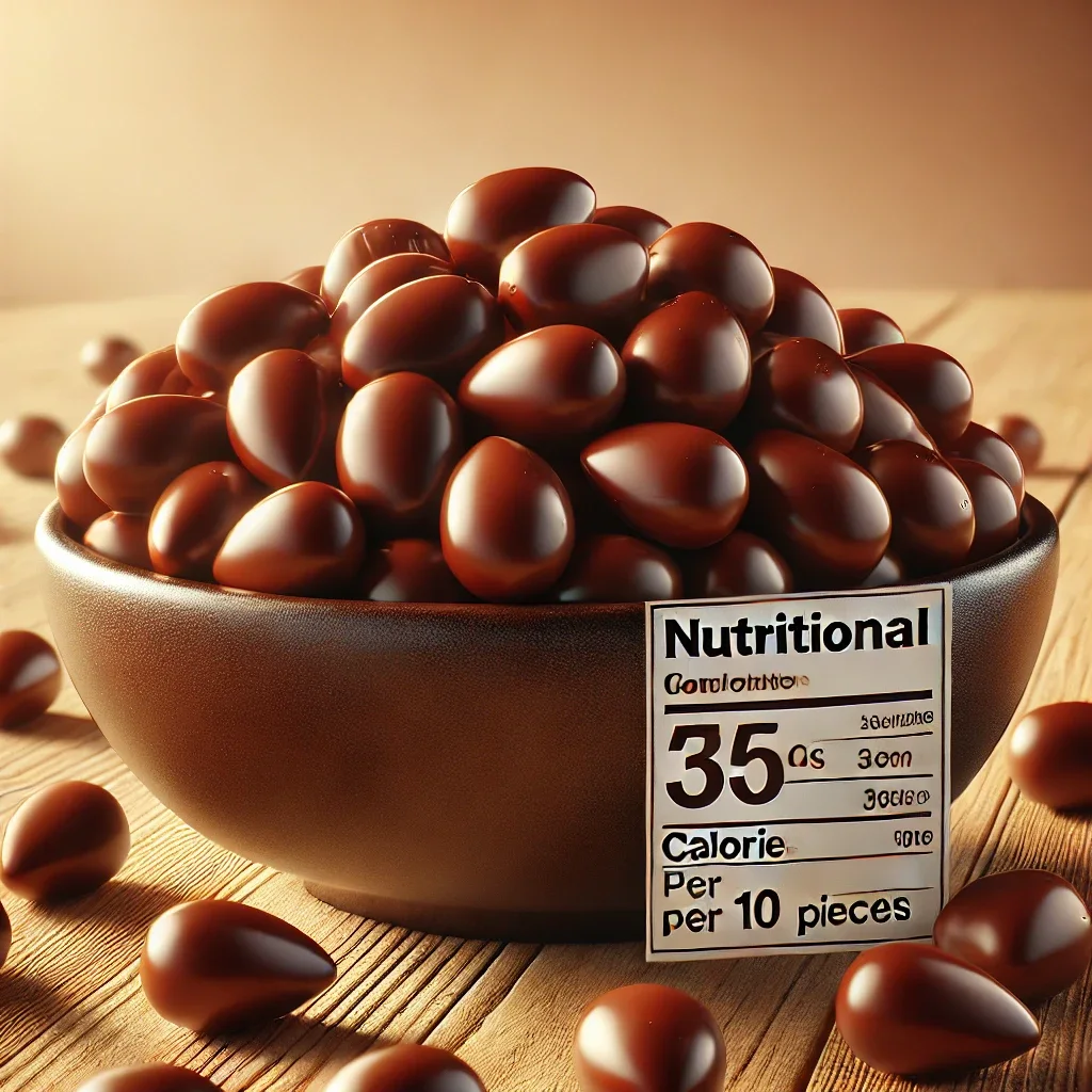 A bowl of chocolate-covered almonds with calorie information displayed.