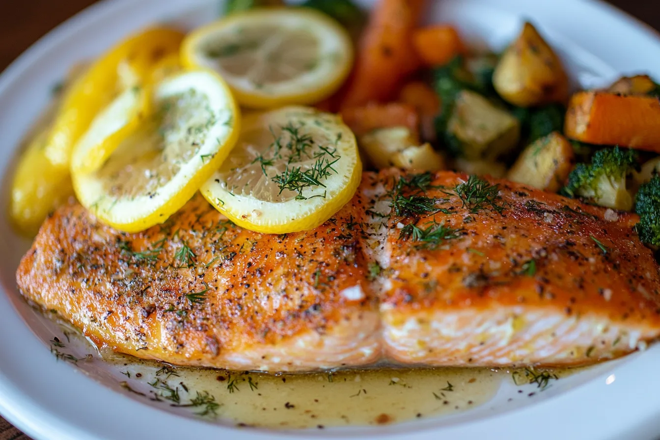 A fillet of lemon herb baked steelhead trout on a white plate.