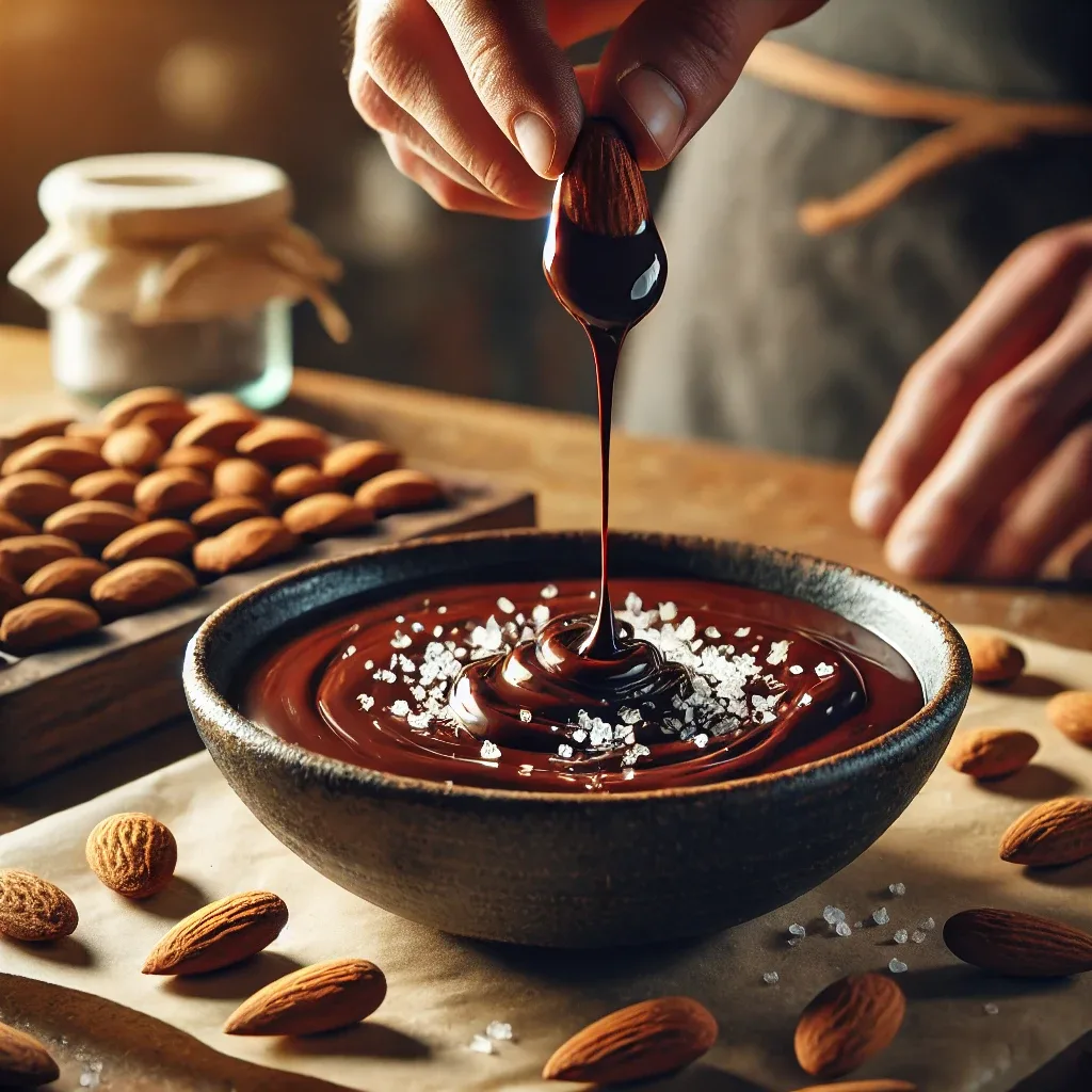 A step-by-step process of making chocolate-covered almonds at home with dark chocolate.