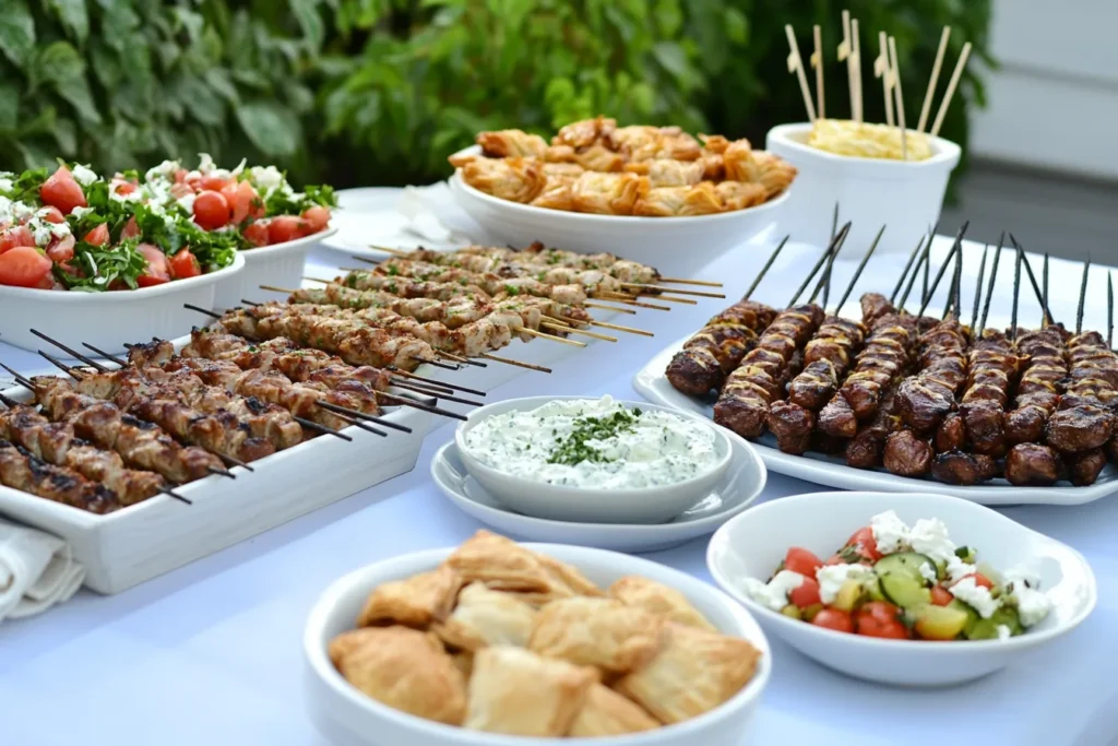 A Greek party table featuring moussaka, Greek