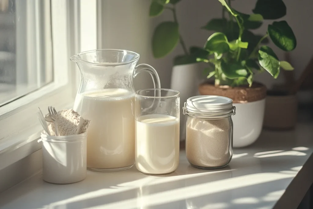 A side-by-side view of liquid dairy creamer, powdered creamer, and plant-based creamer in colorful containers.