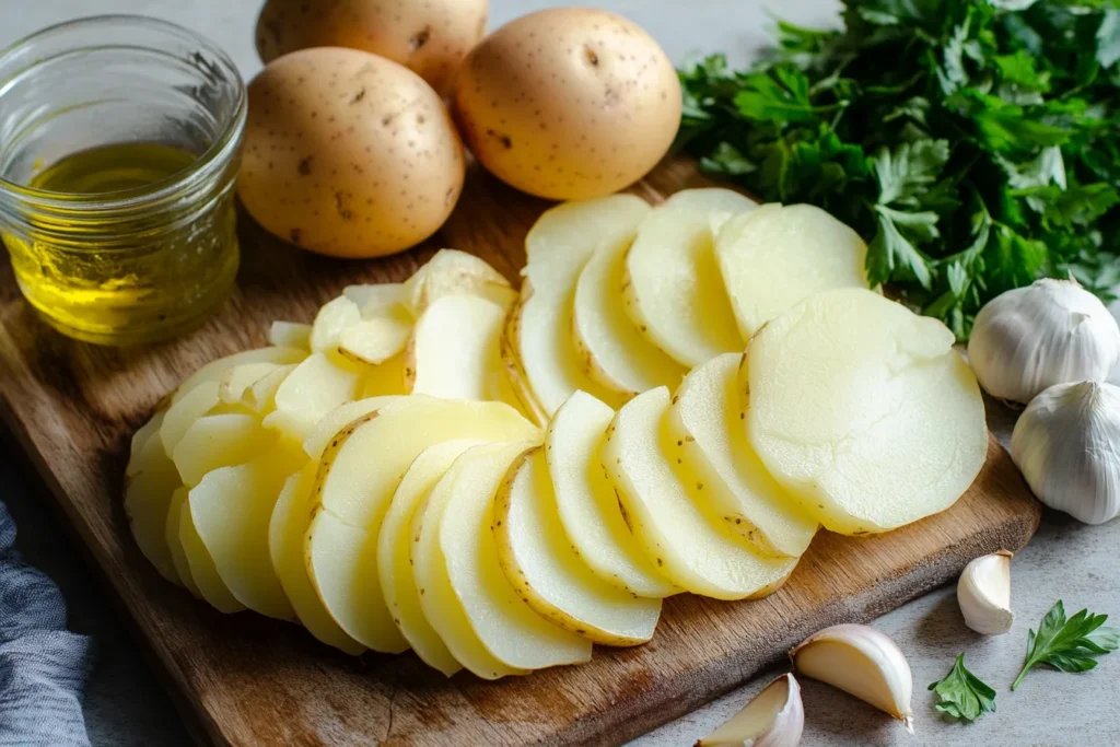 Thinly sliced potatoes prepared for Passover Potato Pie, arranged neatly on a cutting board with a sharp knife.