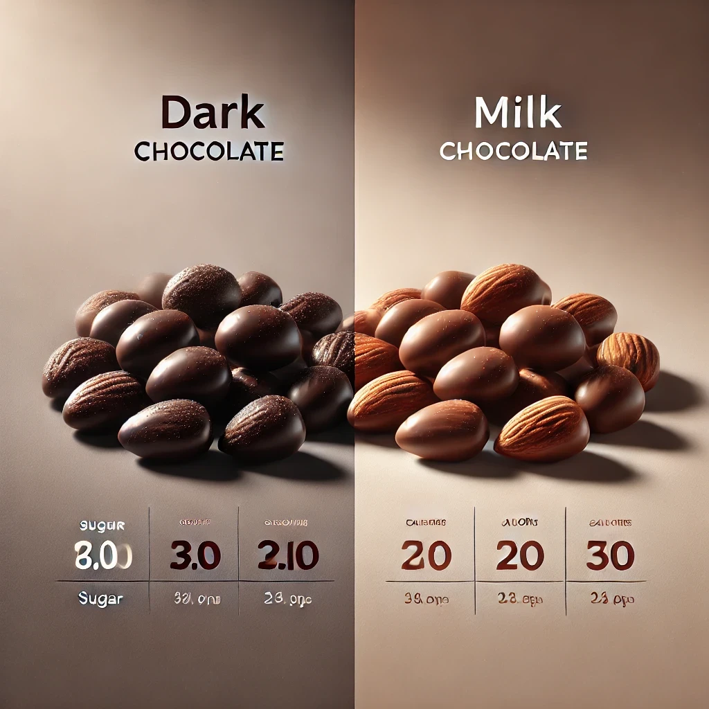 A side-by-side comparison of dark chocolate and milk chocolate-covered almonds with nutritional differences.