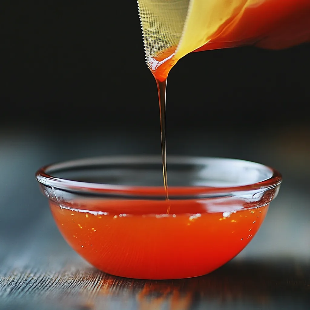 A jelly bag hanging over a bowl, straining fresh juice for the wild plum jelly recipe.