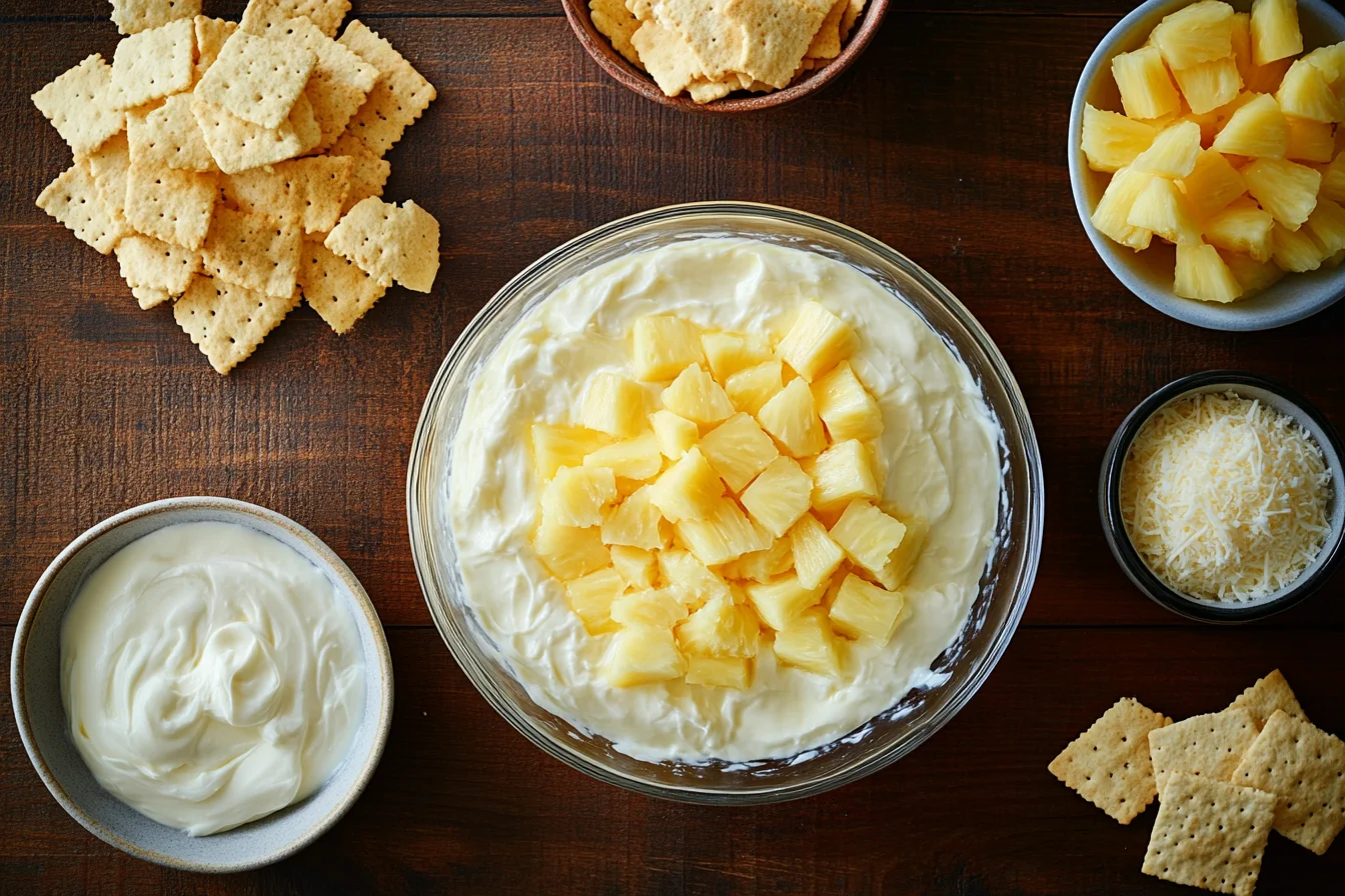 Ingredients for pineapple casserole, including cream cheese, crushed pineapple, shredded cheddar, butter, and crackers, arranged on a wooden countertop.