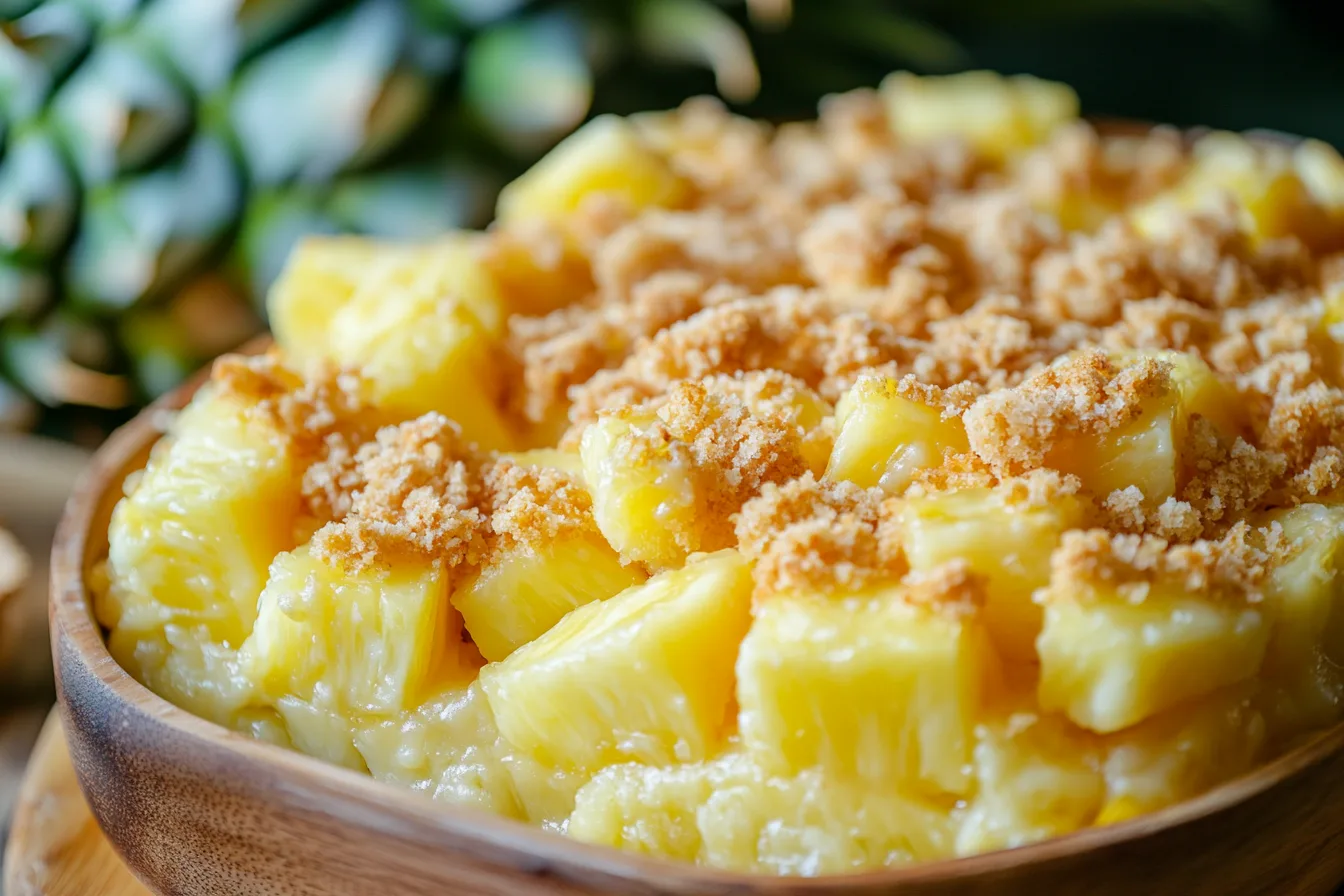 Golden baked pineapple casserole with a crispy cracker topping, fresh out of the oven