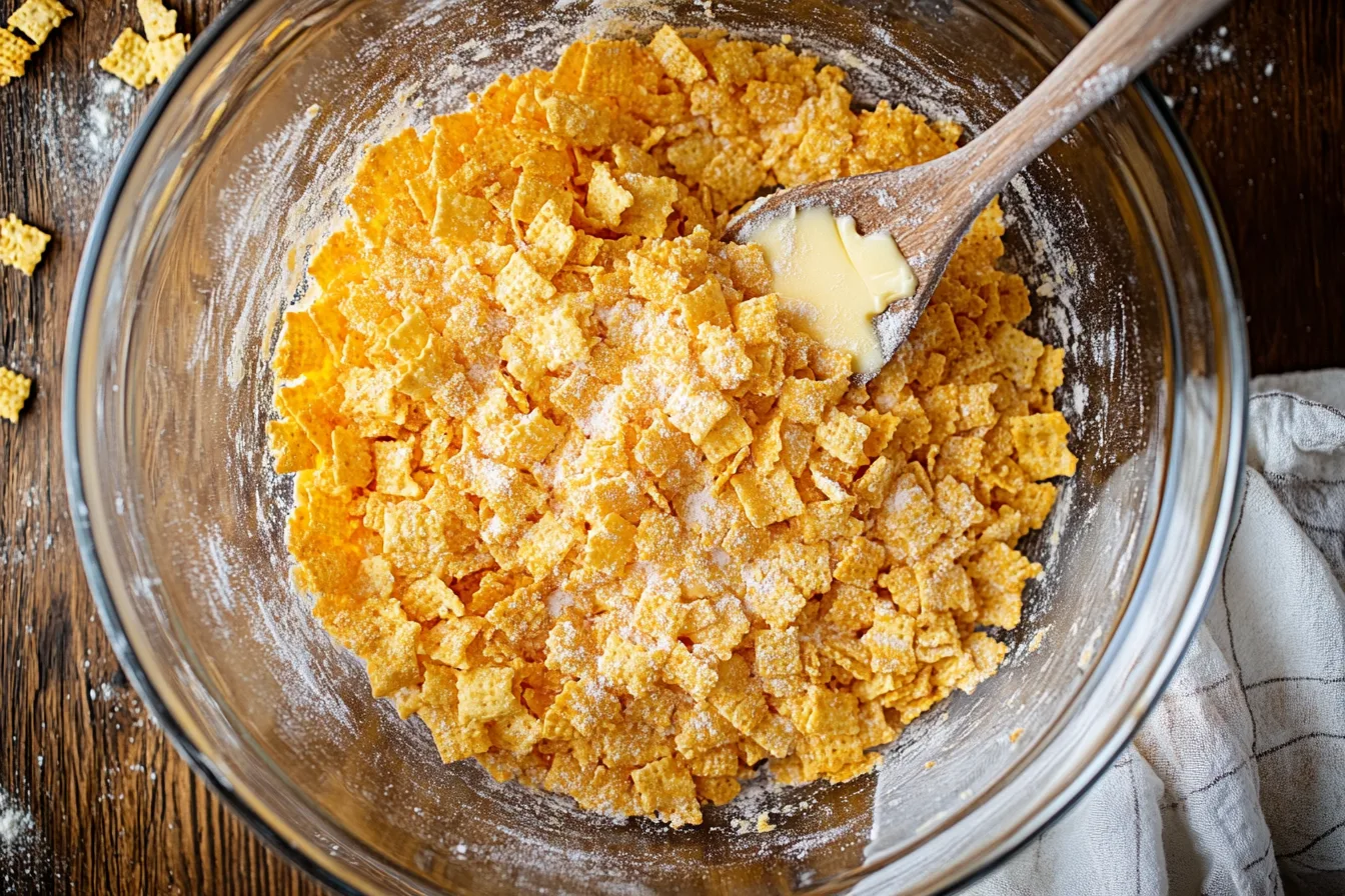 A large mixing bowl filled with seasoned Chex Mix, ready to be baked in the oven.