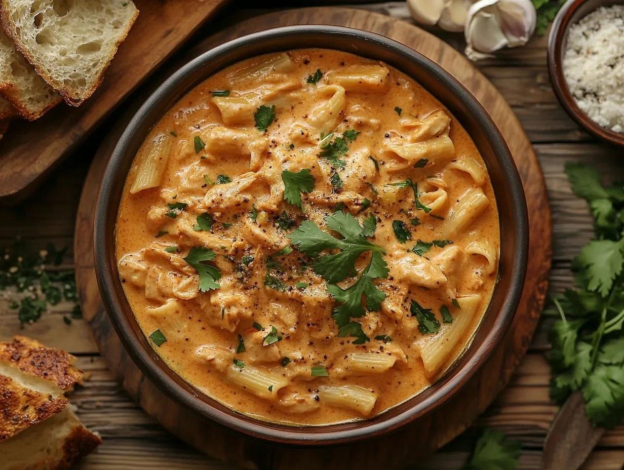 A pan of rich, creamy butter chicken sauce simmering with Indian spices.