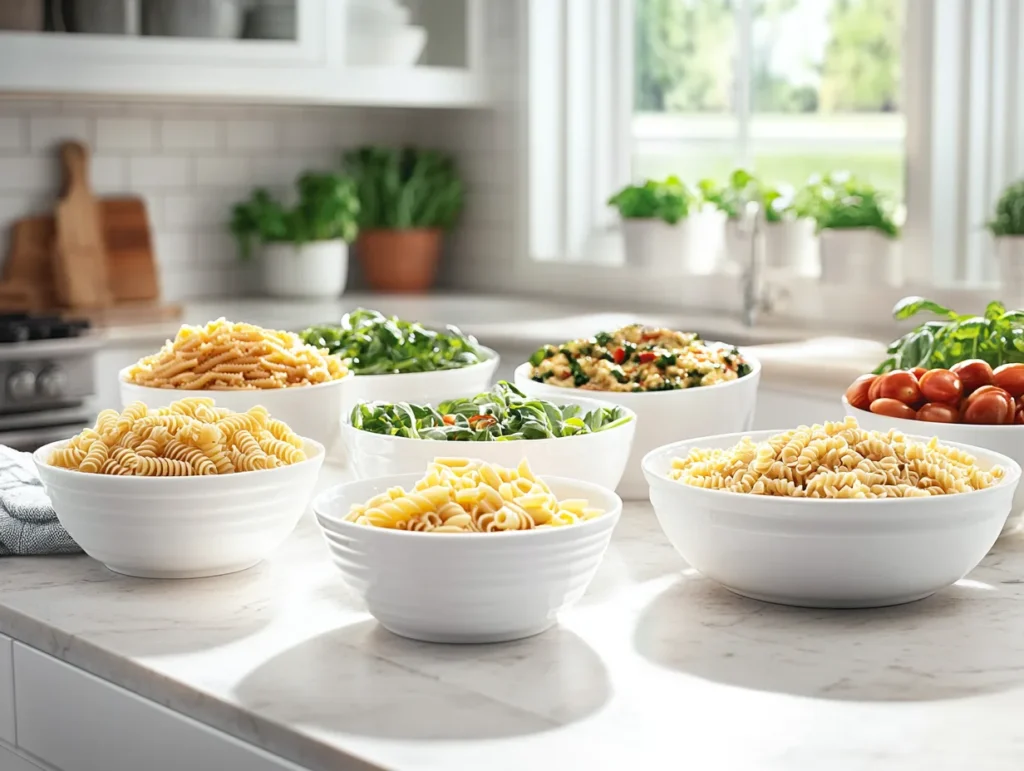 A variety of pasta types including penne, fusilli, and fettuccine displayed on a kitchen counter.