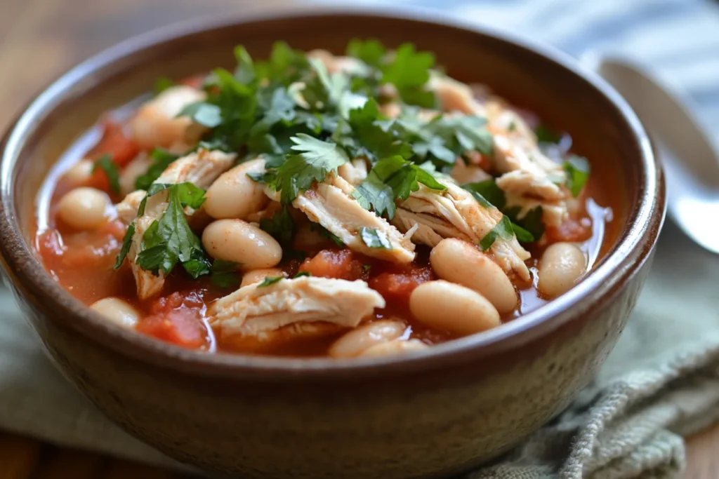 Lean turkey chili with white beans, served in a white bowl with a slice of bread on the side.